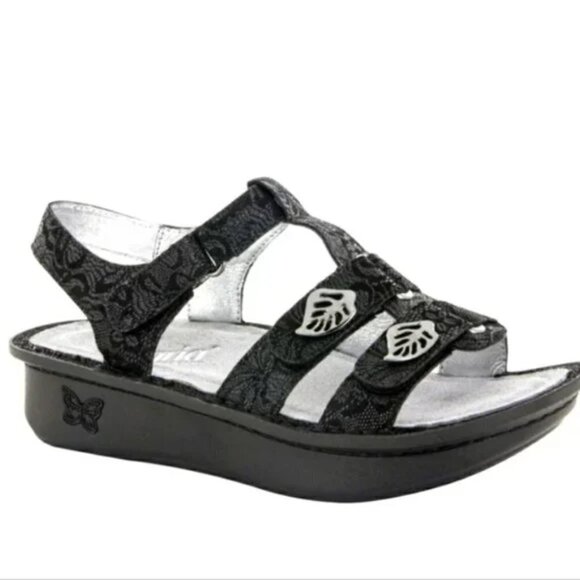 Alegria Kleo Comfort Black Silver Leaf Platform Sandals Gladiator Size 41 - Picture 1 of 12